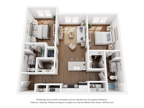 Floor plan for 2 beds, 2 baths, 1070 sqft